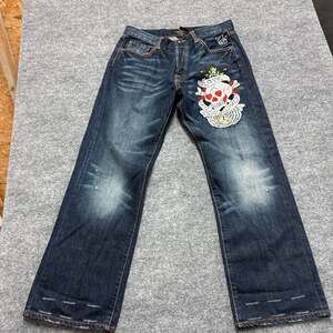 Vintage Ed Hardy Love Kills Slowly Embroidered Skull Rhinestone Baggy Jeans 36x3